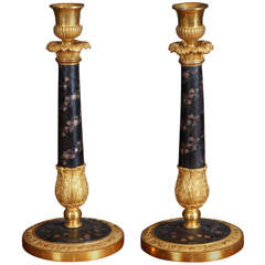 Charles X Gilt Bronze and Inlaid Lacquer Candle Sticks