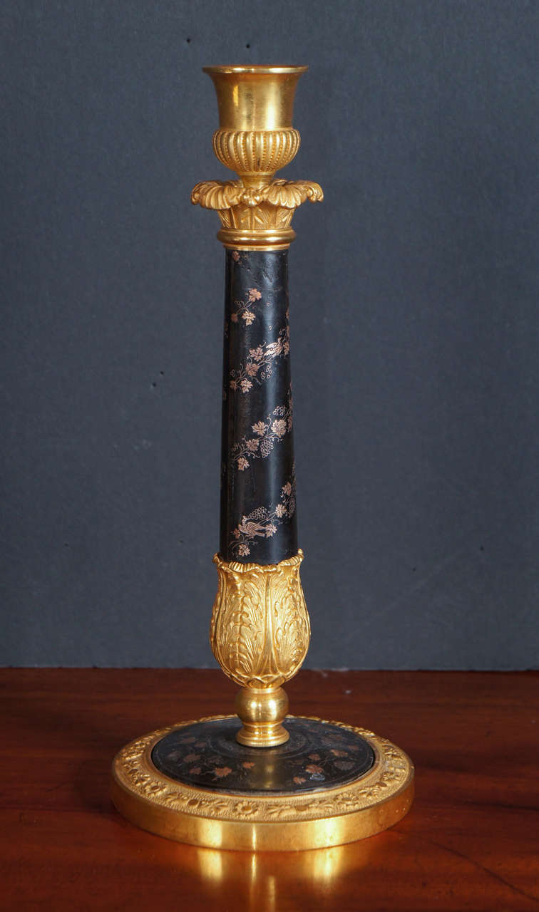 French Charles X Gilt Bronze and Inlaid Lacquer Candle Sticks