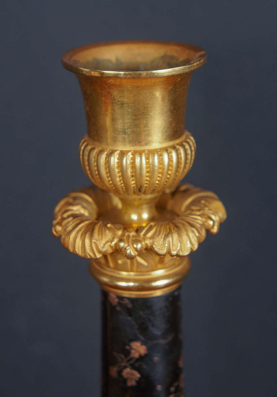 Charles X Gilt Bronze and Inlaid Lacquer Candle Sticks In Good Condition In Hudson, NY