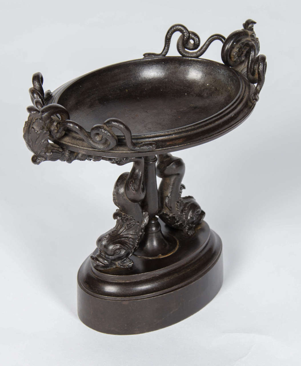 A fabulous oval shaped George IV period iron salt with stylised dolphin supports and acanthus and serpent handles.