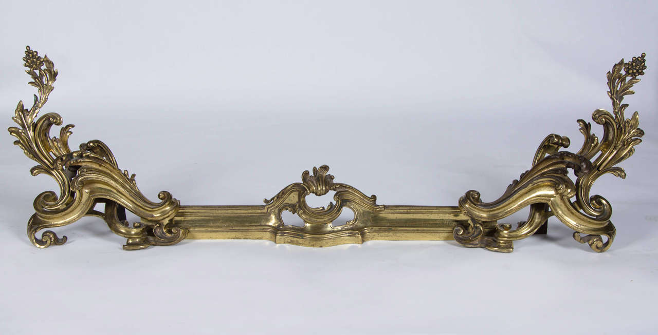 A fine set of late 19th century French gilt bronze chenets and fender stamped
