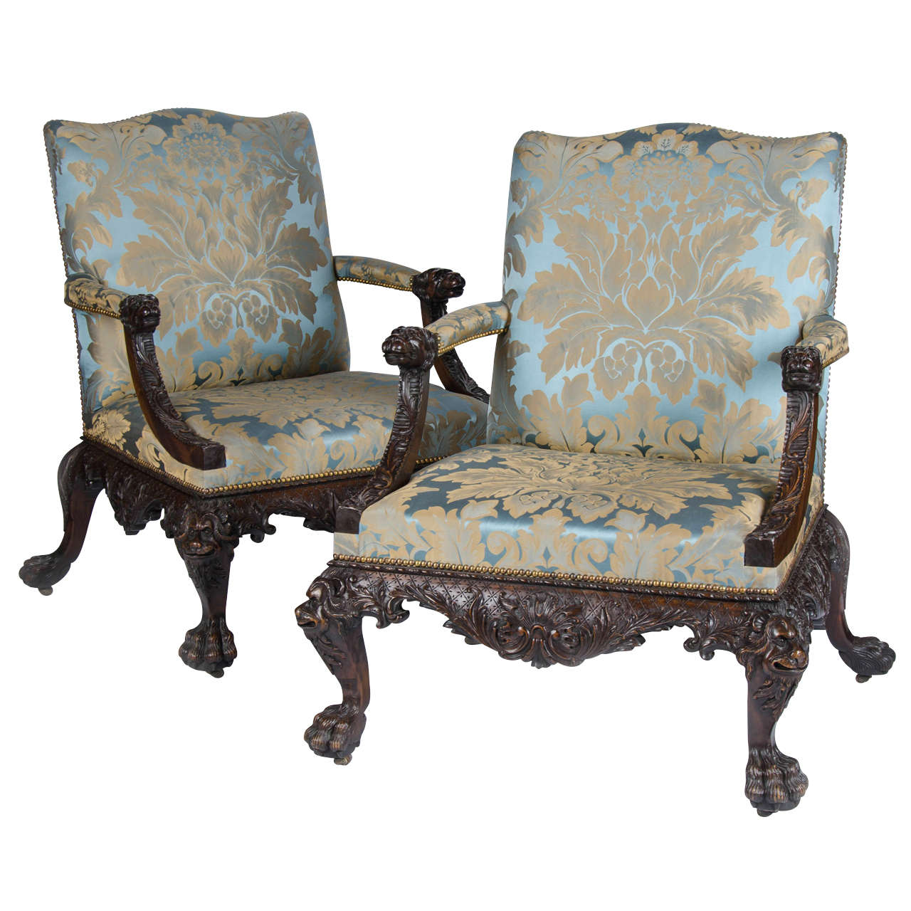 Superb Pair of Carved Mahogany Open-Arm Chairs in the Georgian Style