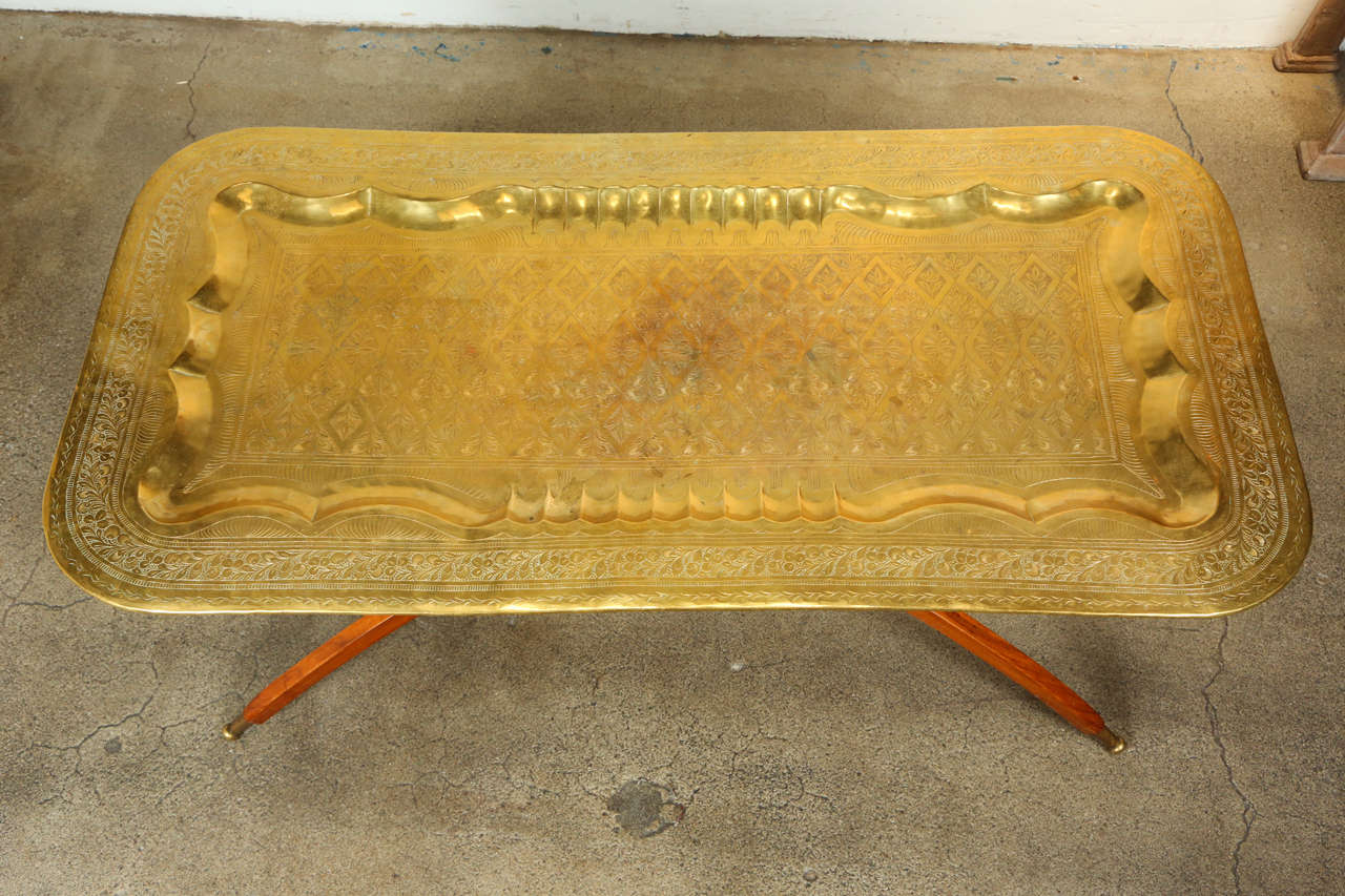 Moroccan Rectangular Brass Tray Coffee Table In Good Condition In North Hollywood, CA