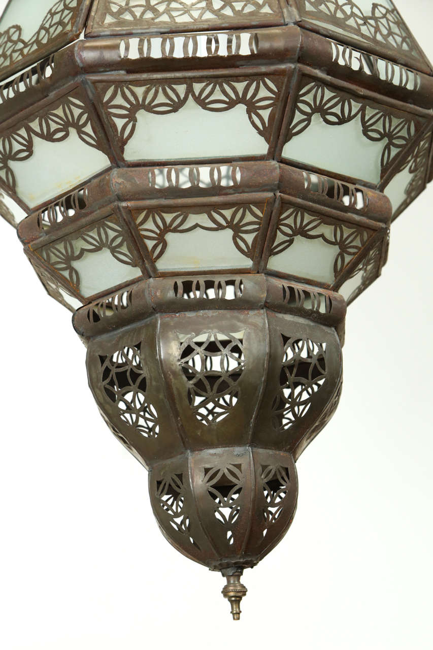 Hand-Crafted Moroccan Moorish Lantern with Filigree Designs and Milky Glass Pendant For Sale