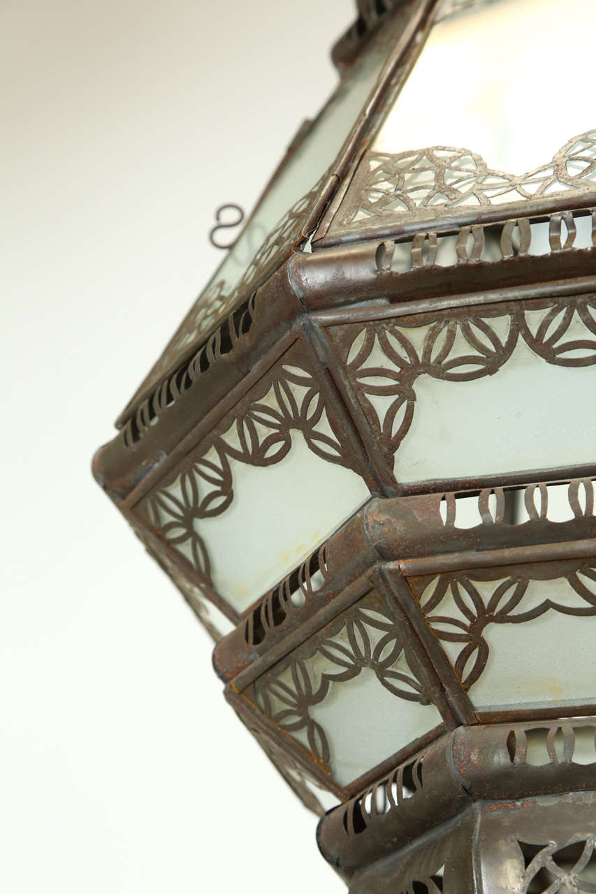 20th Century Moroccan Moorish Lantern with Filigree Designs and Milky Glass Pendant For Sale