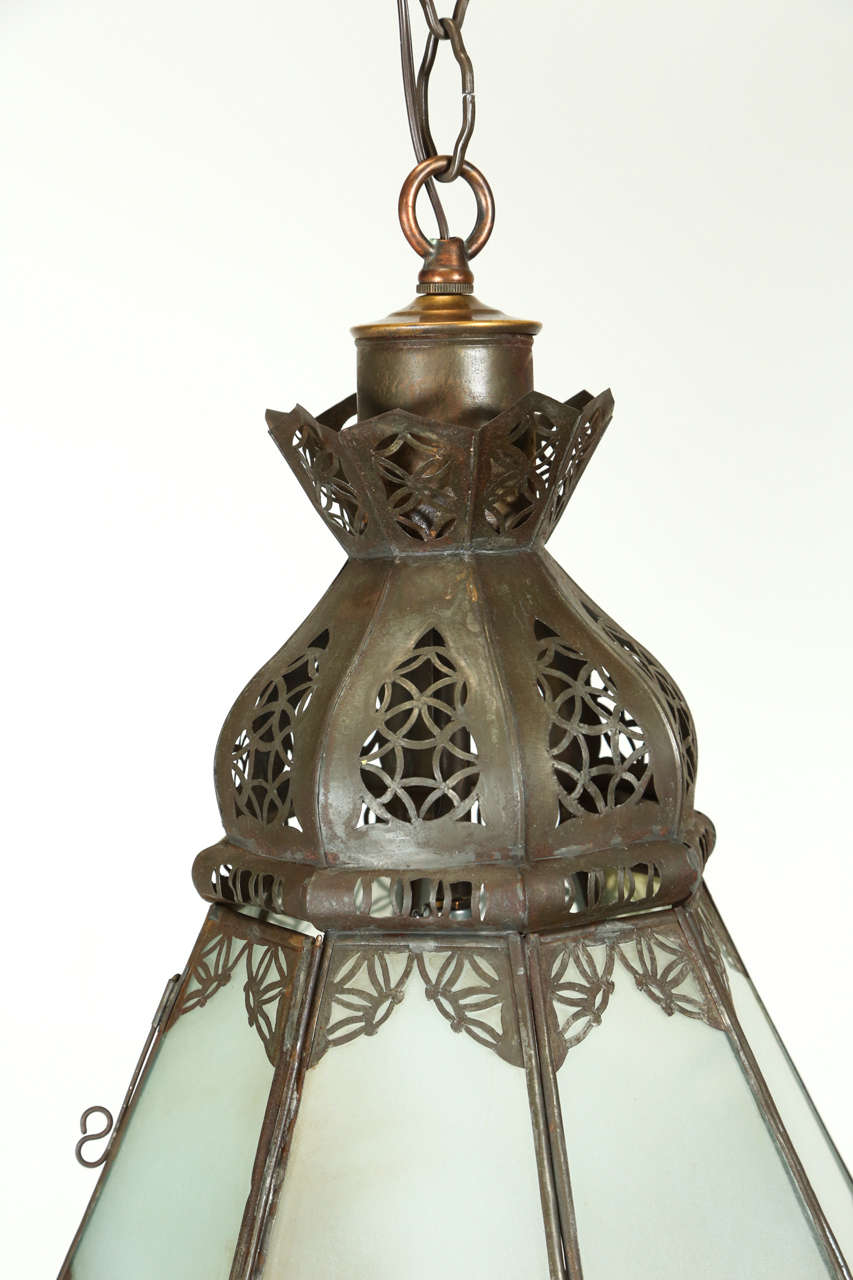 Metal Moroccan Moorish Lantern with Filigree Designs and Milky Glass Pendant For Sale