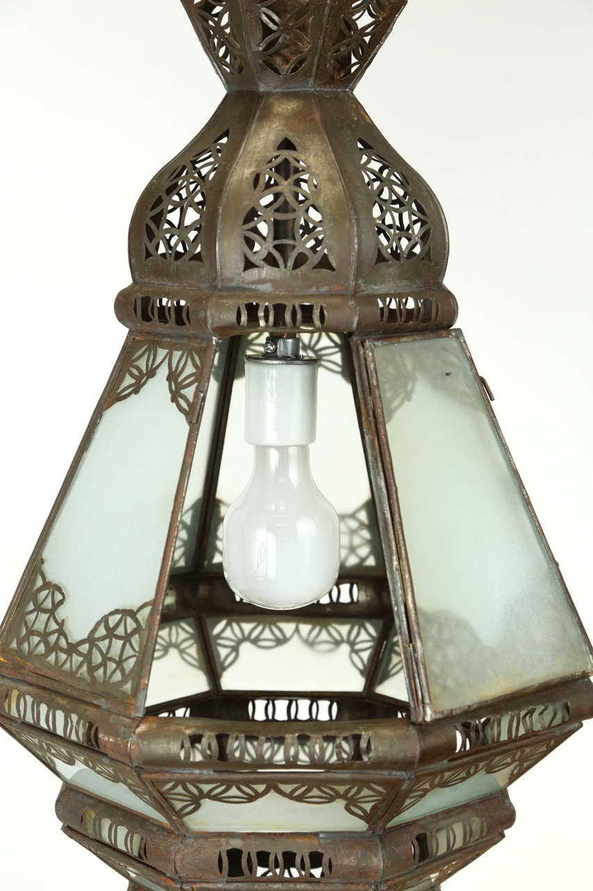 Moroccan Moorish Lantern with Filigree Designs and Milky Glass Pendant For Sale 3