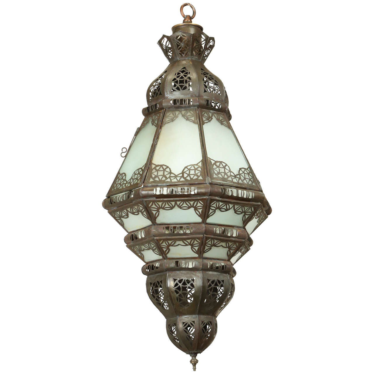 Moroccan Moorish Lantern with Filigree Designs and Milky Glass Pendant For Sale