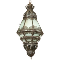 Moroccan Moorish Lantern with Filigree Designs and Milky Glass Pendant