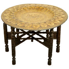 Anglo-Indian Brass Tray Table with Folding Wooden Stand