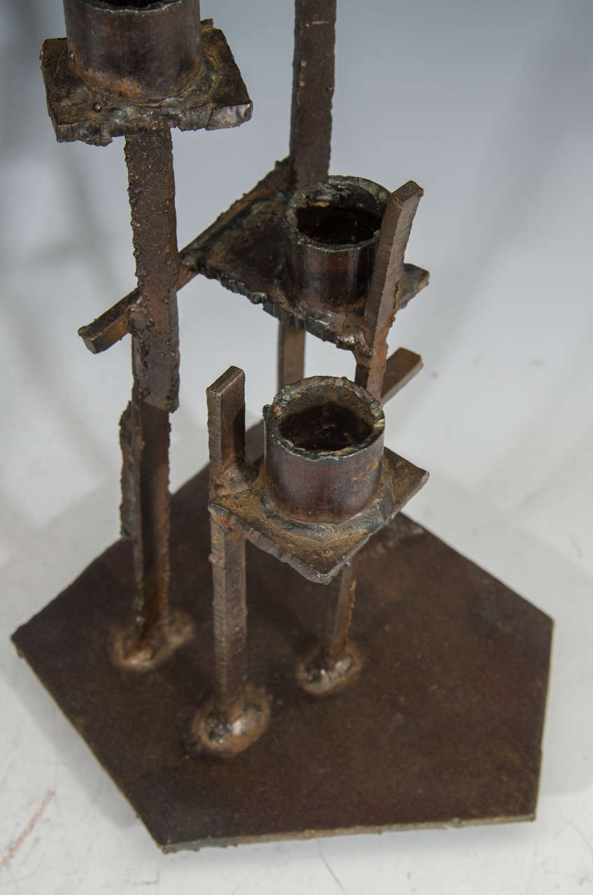 Mid-Century Set of Three Paul Evans, Welded Steel Brutalist Candlesticks In Excellent Condition For Sale In Mount Penn, PA