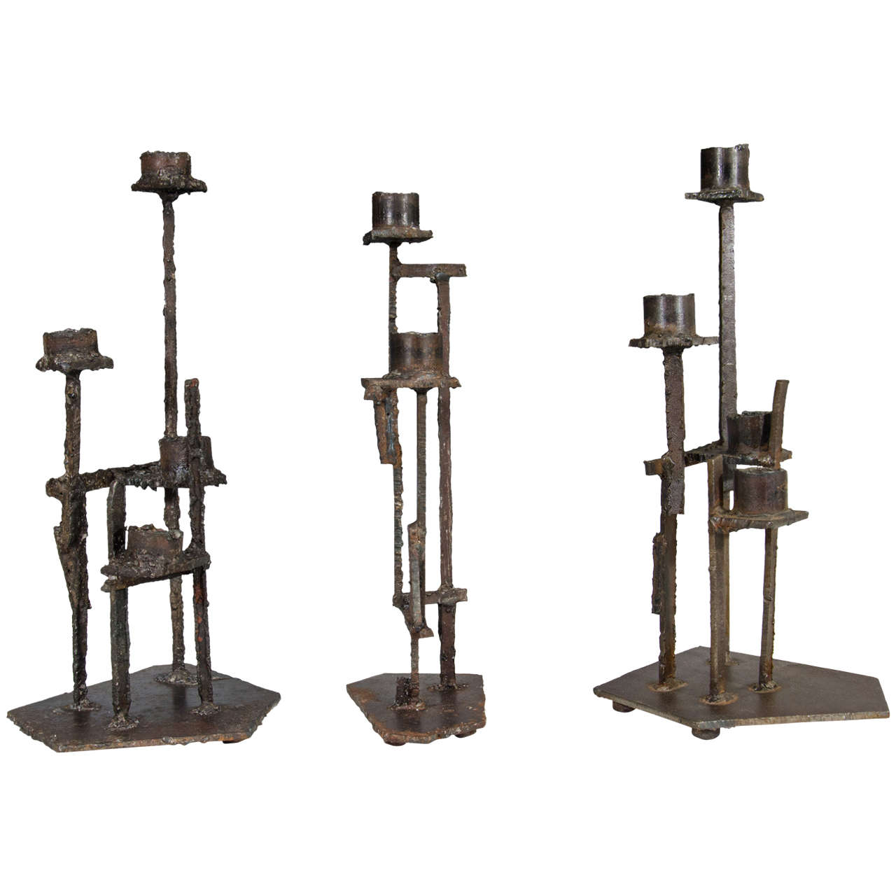 Mid-Century Set of Three Paul Evans, Welded Steel Brutalist Candlesticks For Sale