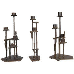 Mid-Century Set of Three Paul Evans, Welded Steel Brutalist Candlesticks