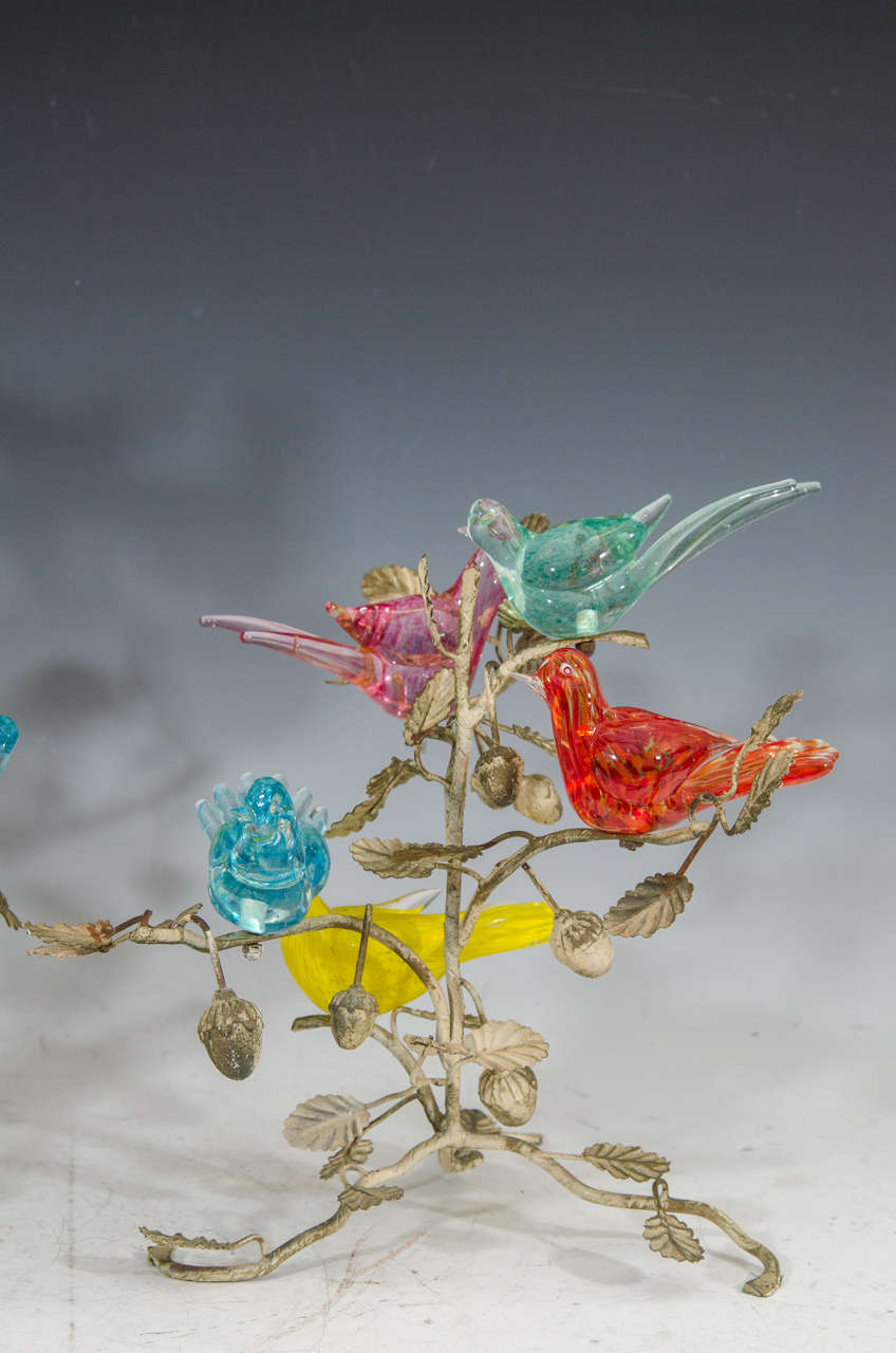 Mid-Century Modern Midcentury Set of Murano Glass Birds in Sculptural Enameled Bronze Branches