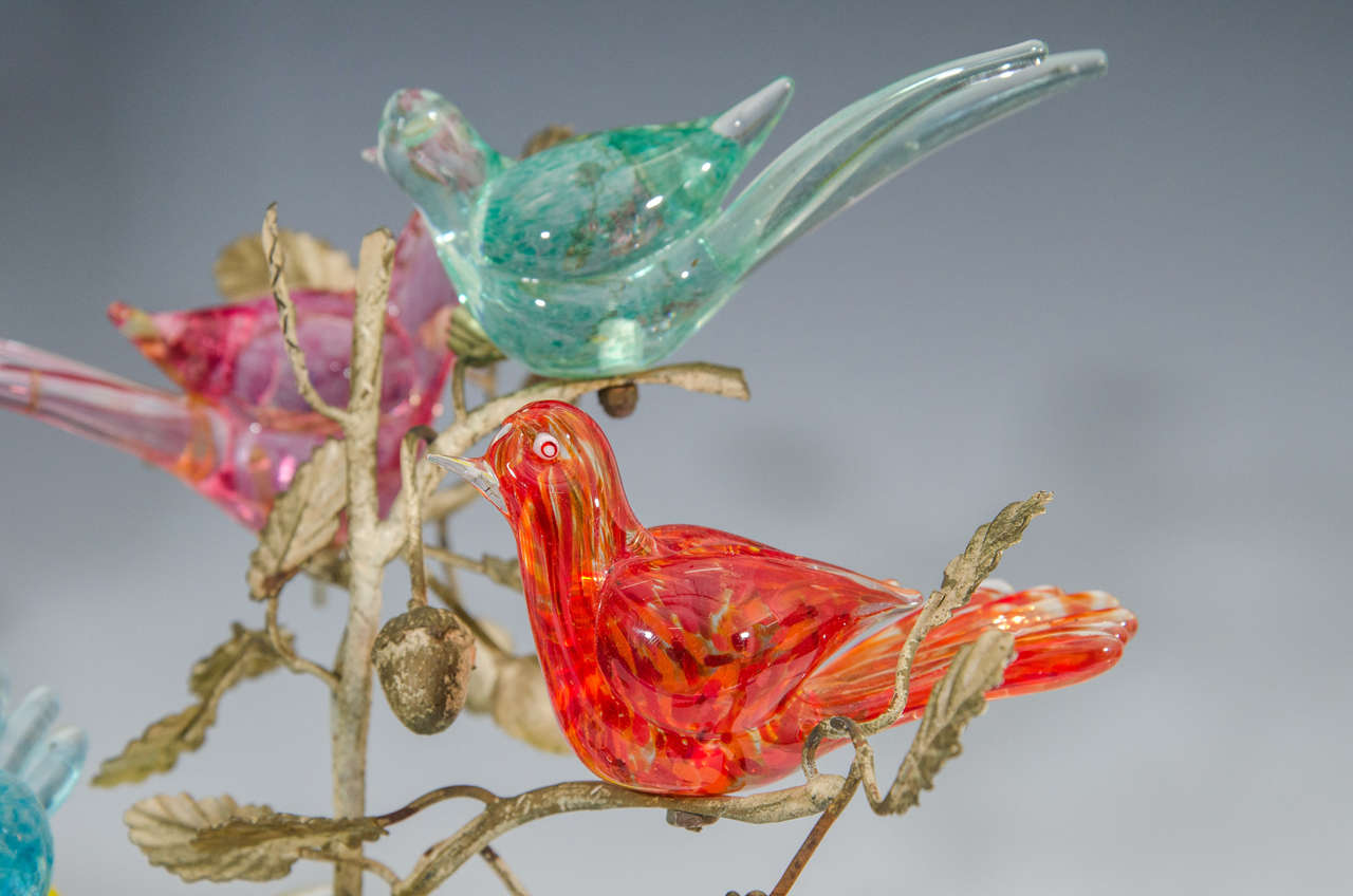 Italian Midcentury Set of Murano Glass Birds in Sculptural Enameled Bronze Branches