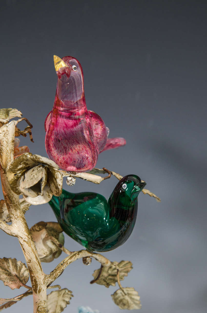 Midcentury Set of Murano Glass Birds in Sculptural Enameled Bronze Branches In Good Condition In New York, NY