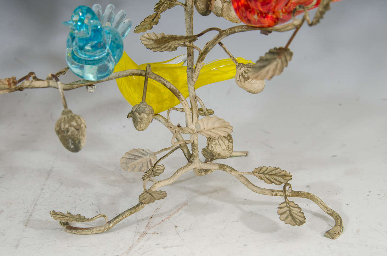Midcentury Set of Murano Glass Birds in Sculptural Enameled Bronze Branches 2
