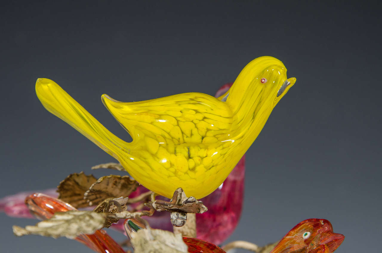 Midcentury Set of Murano Glass Birds in Sculptural Enameled Bronze Branches 3
