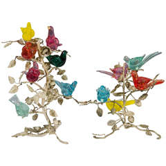 Midcentury Set of Murano Glass Birds in Sculptural Enameled Bronze Branches