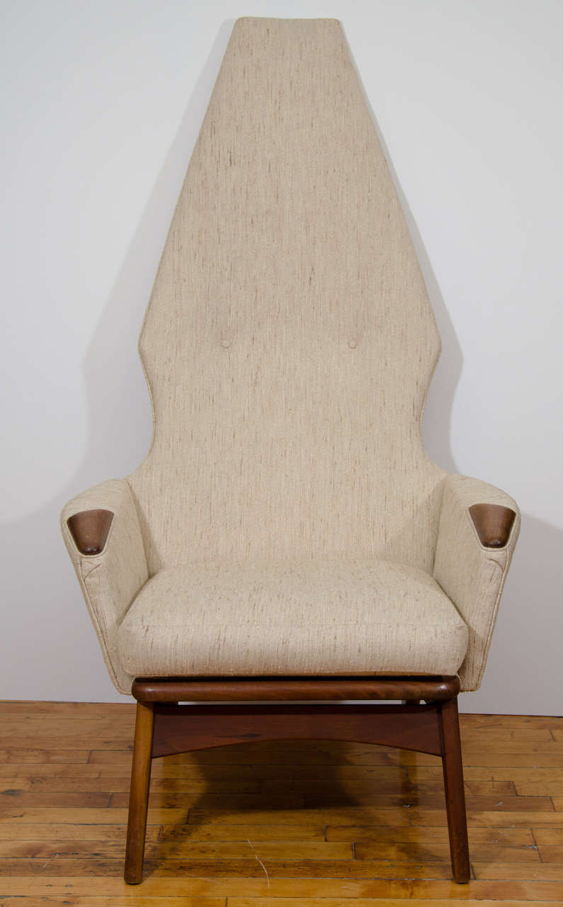  Adrian Pearsall for Craft Associates teakwood high back armchair upholstered in  High End Oatmeal Tweed Fabric.

 