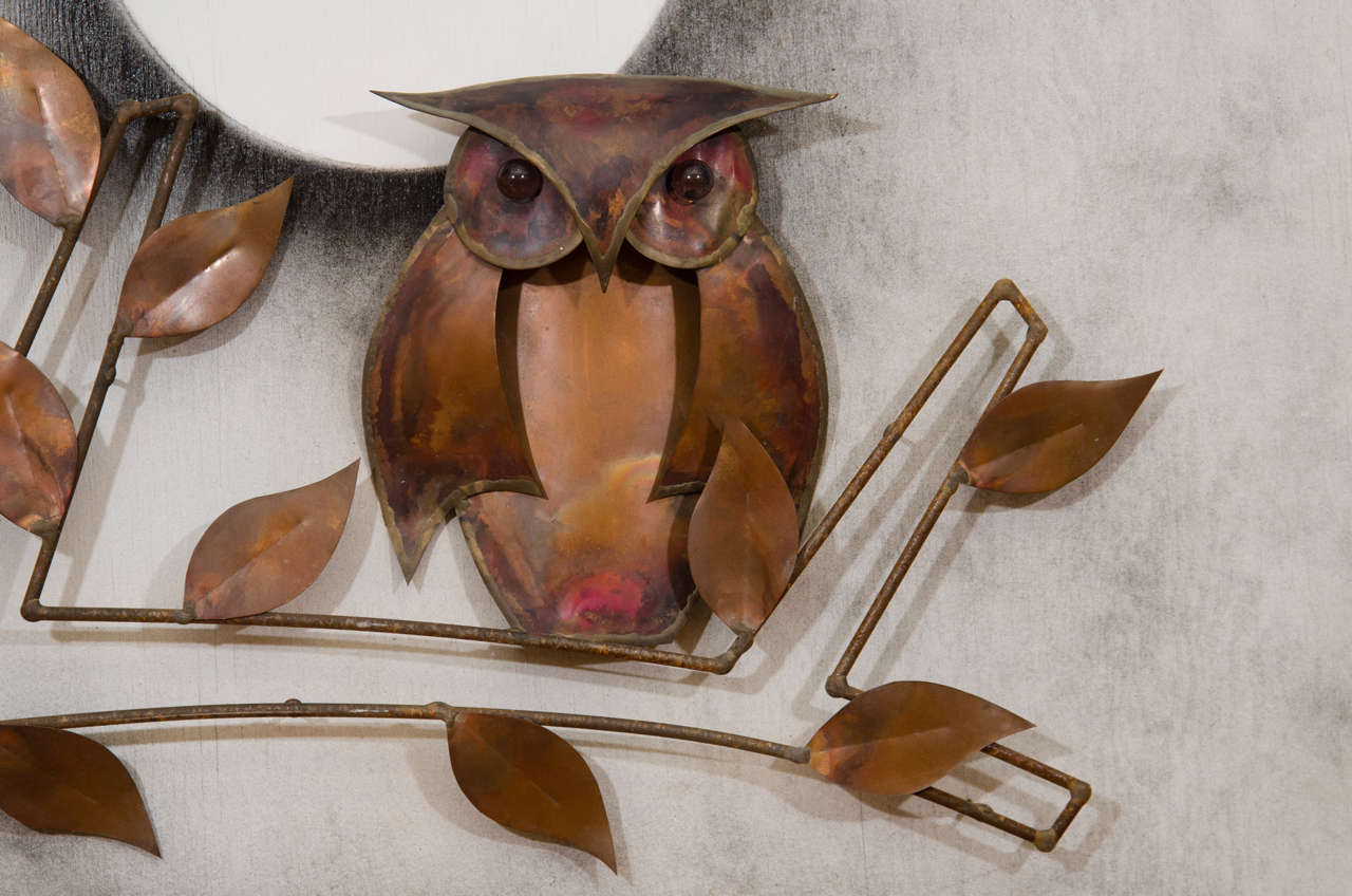 American Spectacular Midcentury Signed, Oil on Board with Hand-Formed Copper Owls For Sale