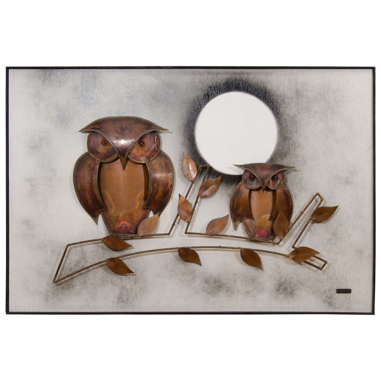 Spectacular Midcentury Signed, Oil on Board with Hand-Formed Copper Owls For Sale