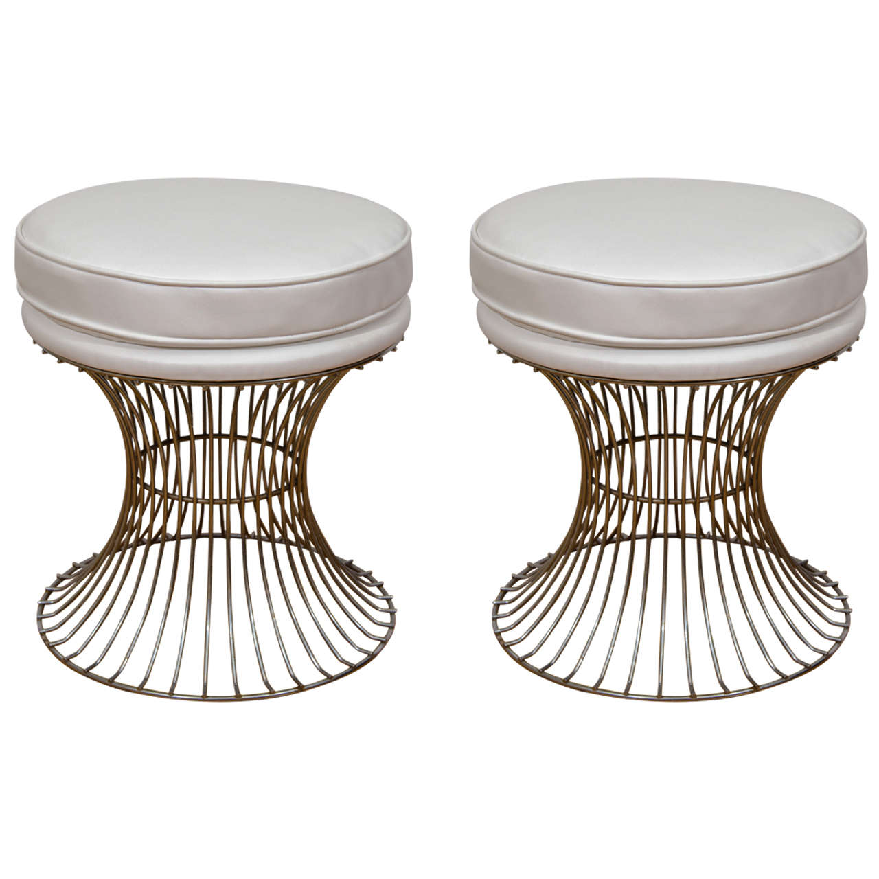Midcentury Pair of Chrome Wire-Base Stools in the Style of Warren Platner