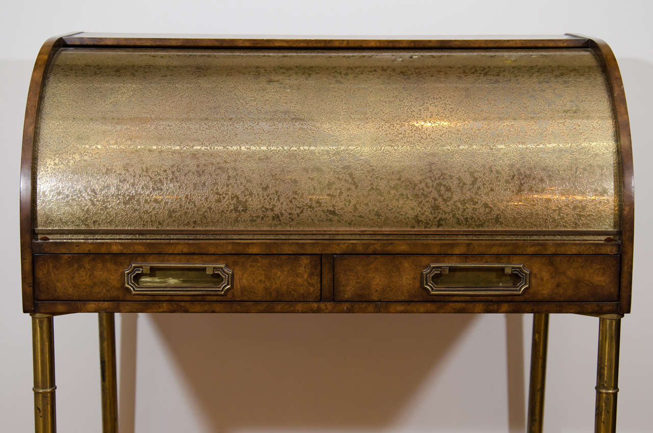 Mid-Century Modern Hollywood Regency Design Mastercraft Roll Top Brass Bamboo Writing Desk For Sale