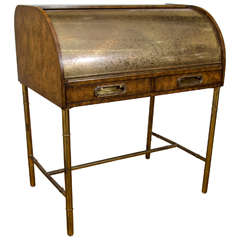 Hollywood Regency Design Mastercraft Roll Top Brass Bamboo Writing Desk