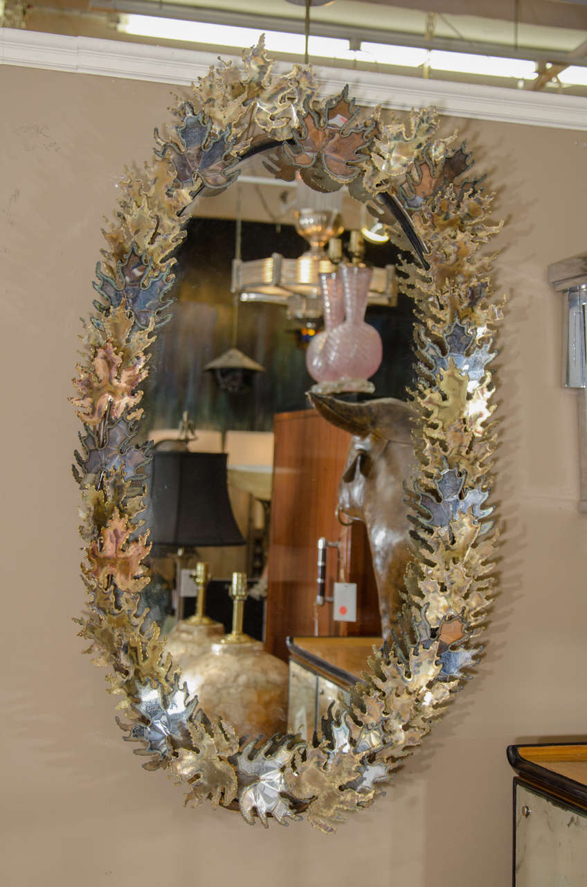 Amazing Pair of Brutalist Signed Curtis Jere Oval-Leaf Wall Mirrors