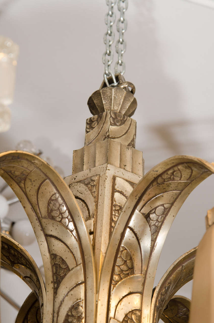 Mid-20th Century Art Deco Silvered Bronze Chandelier with Frosted Glass Shades For Sale