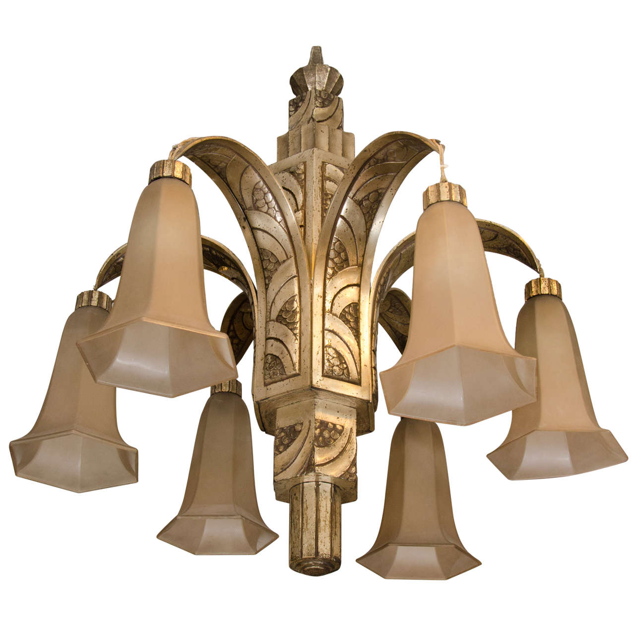 Art Deco Silvered Bronze Chandelier with Frosted Glass Shades For Sale