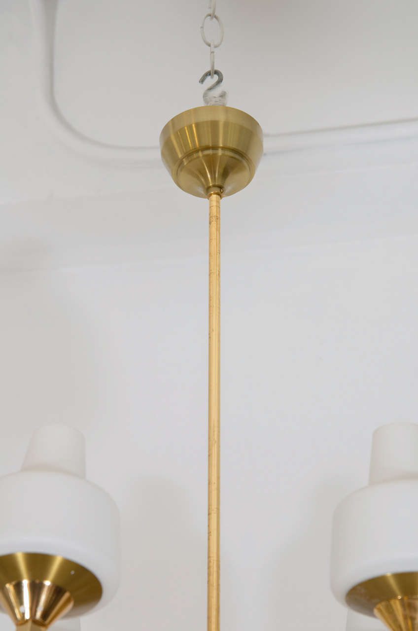 Mid-Century Modern Midcentury Brass and Frosted Glass, Four-Arm Pendant Light For Sale