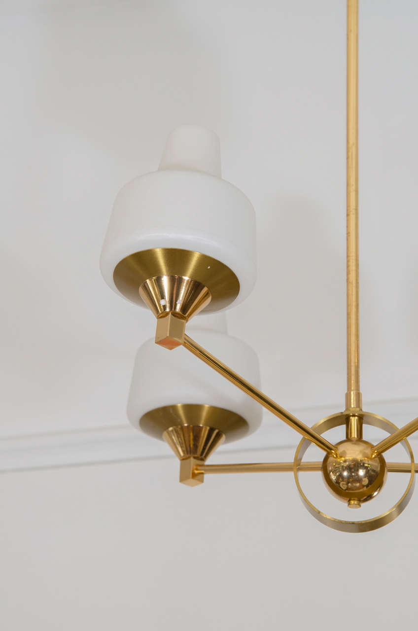 French Midcentury Brass and Frosted Glass, Four-Arm Pendant Light For Sale