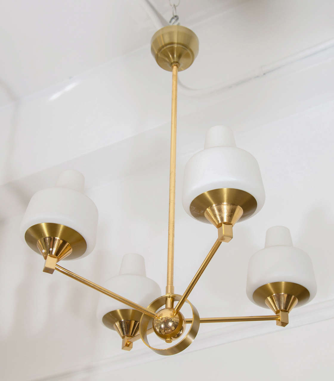 Midcentury Brass and Frosted Glass, Four-Arm Pendant Light In Good Condition For Sale In New York, NY