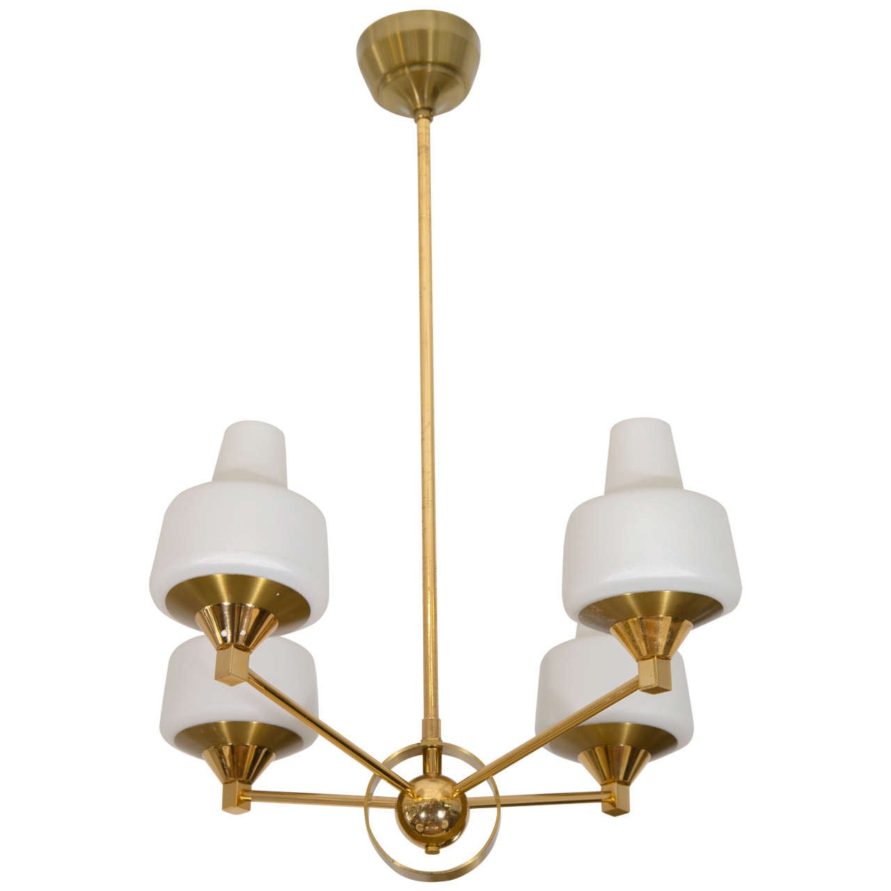Midcentury Brass and Frosted Glass, Four-Arm Pendant Light For Sale