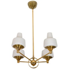 Midcentury Brass and Frosted Glass, Four-Arm Pendant Light