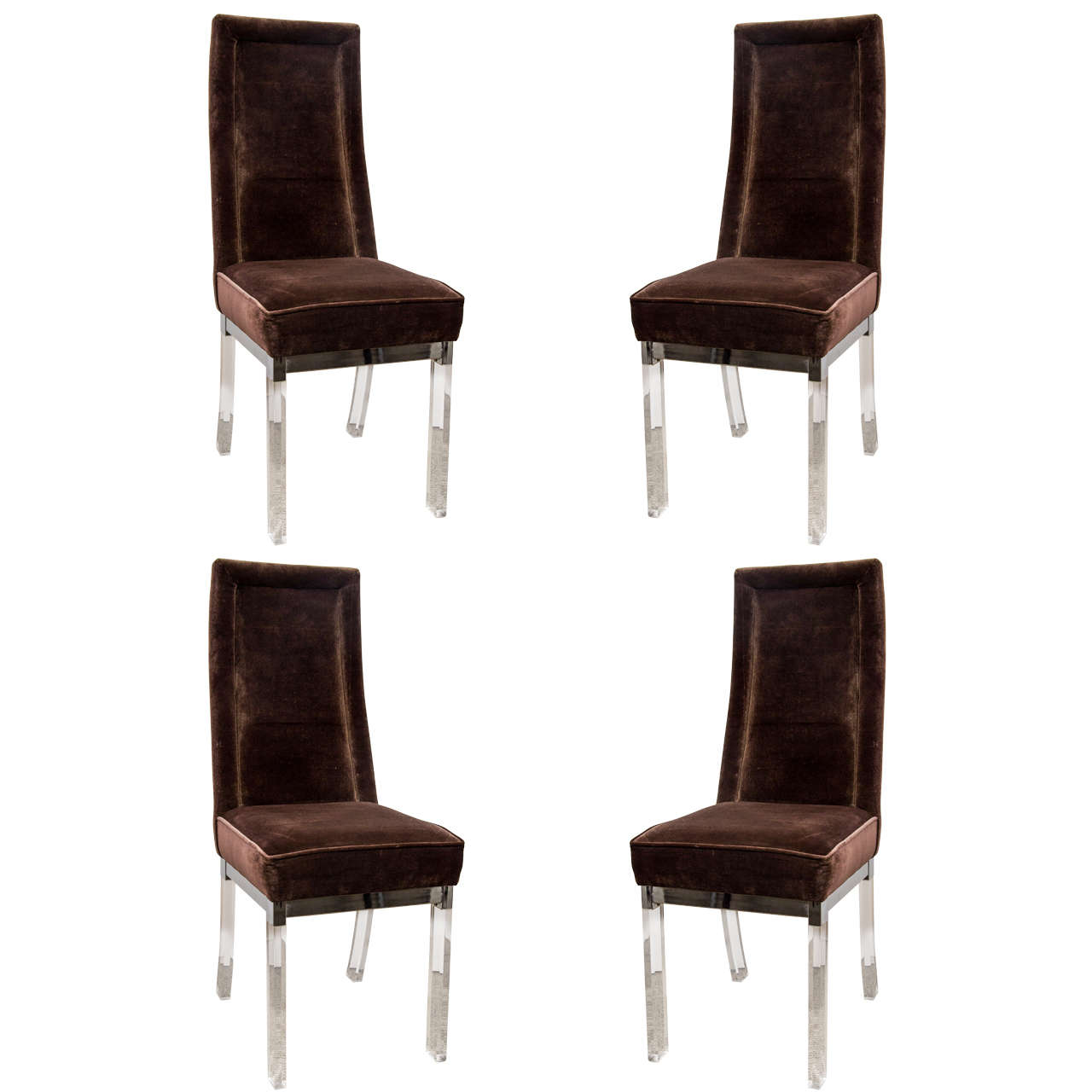 Midcentury Set of Four Lucite and Chocolate Velvet Upholstered Dining Chairs