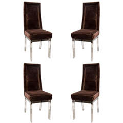 Midcentury Set of Four Lucite and Chocolate Velvet Upholstered Dining Chairs