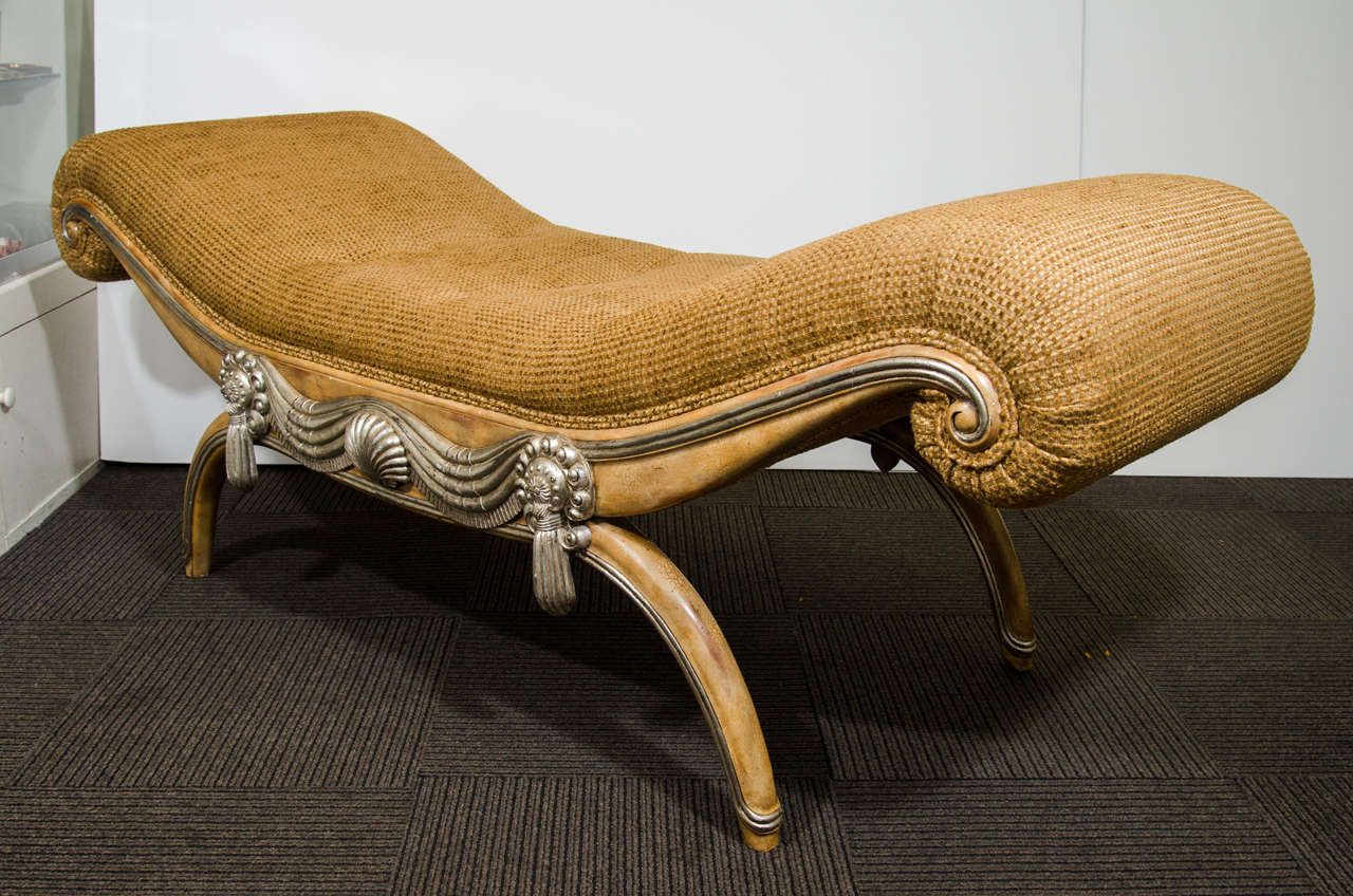 A mid century scroll arm Maitland-Smith Recamier or Chaise newly re-upholstered, and painted with silver tassel motif.  Retains its original label.

Good vintage condition with some wear to silver paint
