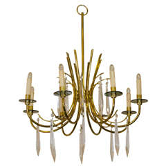 Midcentury  Brass Chandelier with Glass Crystals