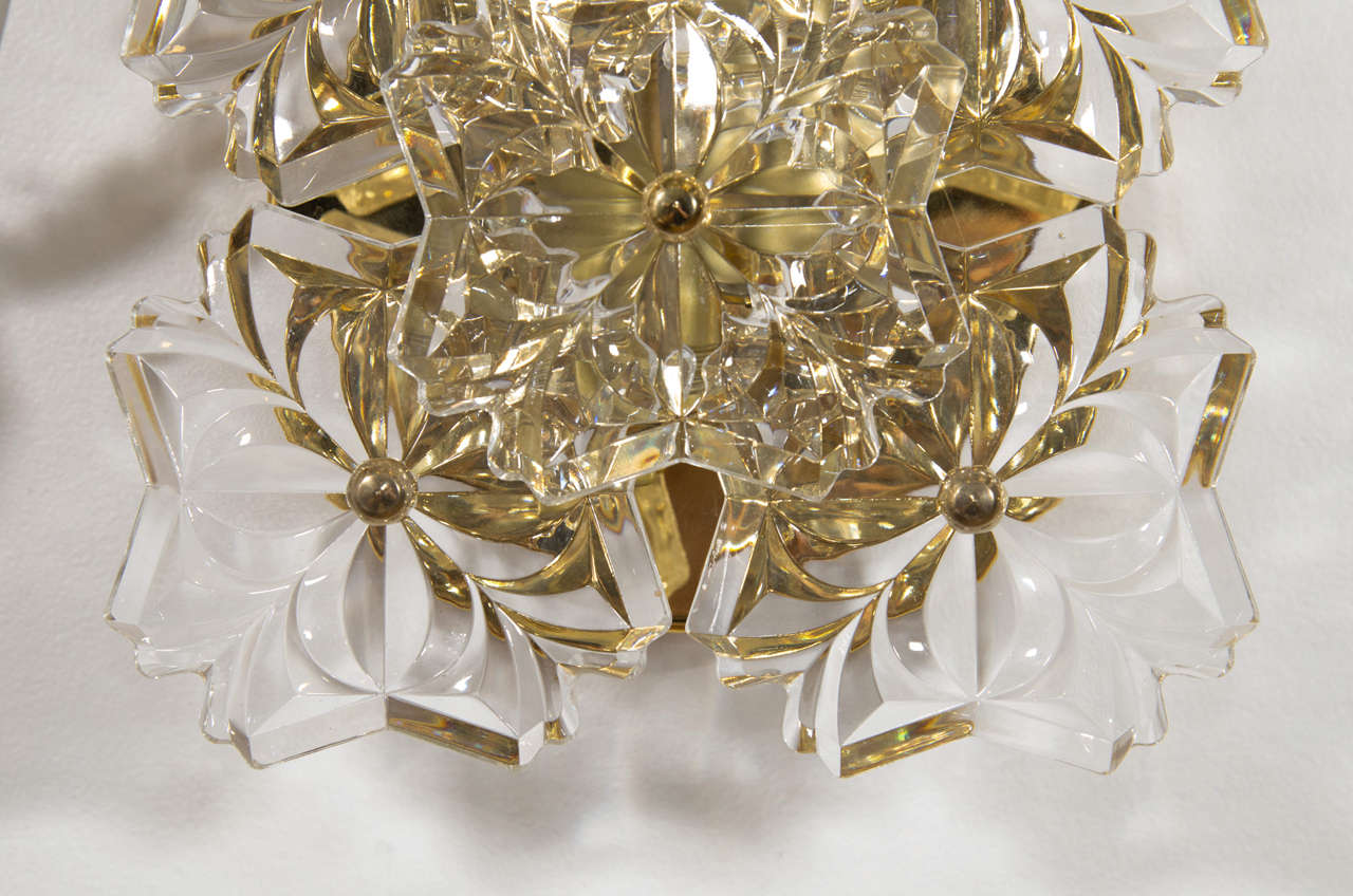 Late 20th Century Midcentury Cut Glass and Brass Sconce with Floral Motif