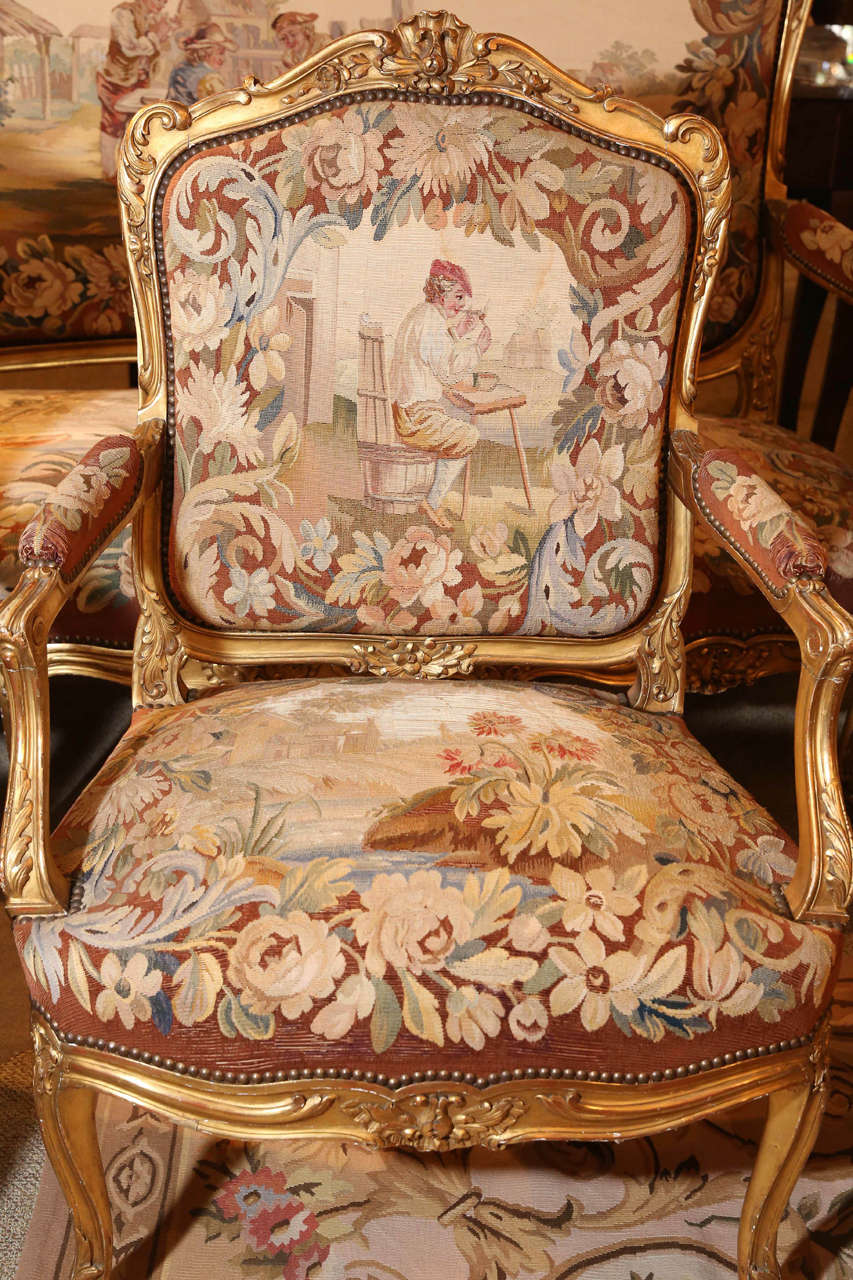 Louis XV French 19th c Giltwood  five piece Grand Salon Set/ Aubusson upholstry