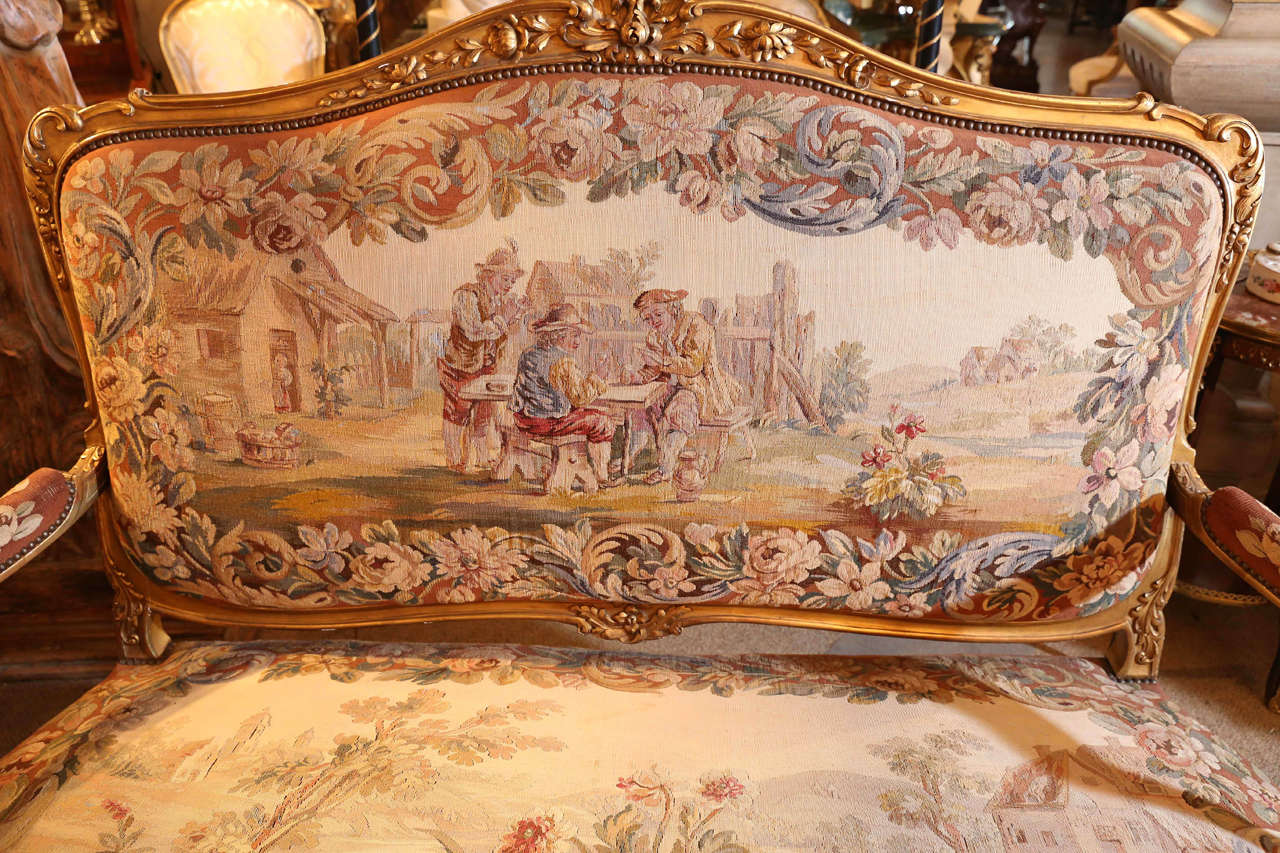 French 19th c Giltwood  five piece Grand Salon Set/ Aubusson upholstry In Good Condition In Houston, TX