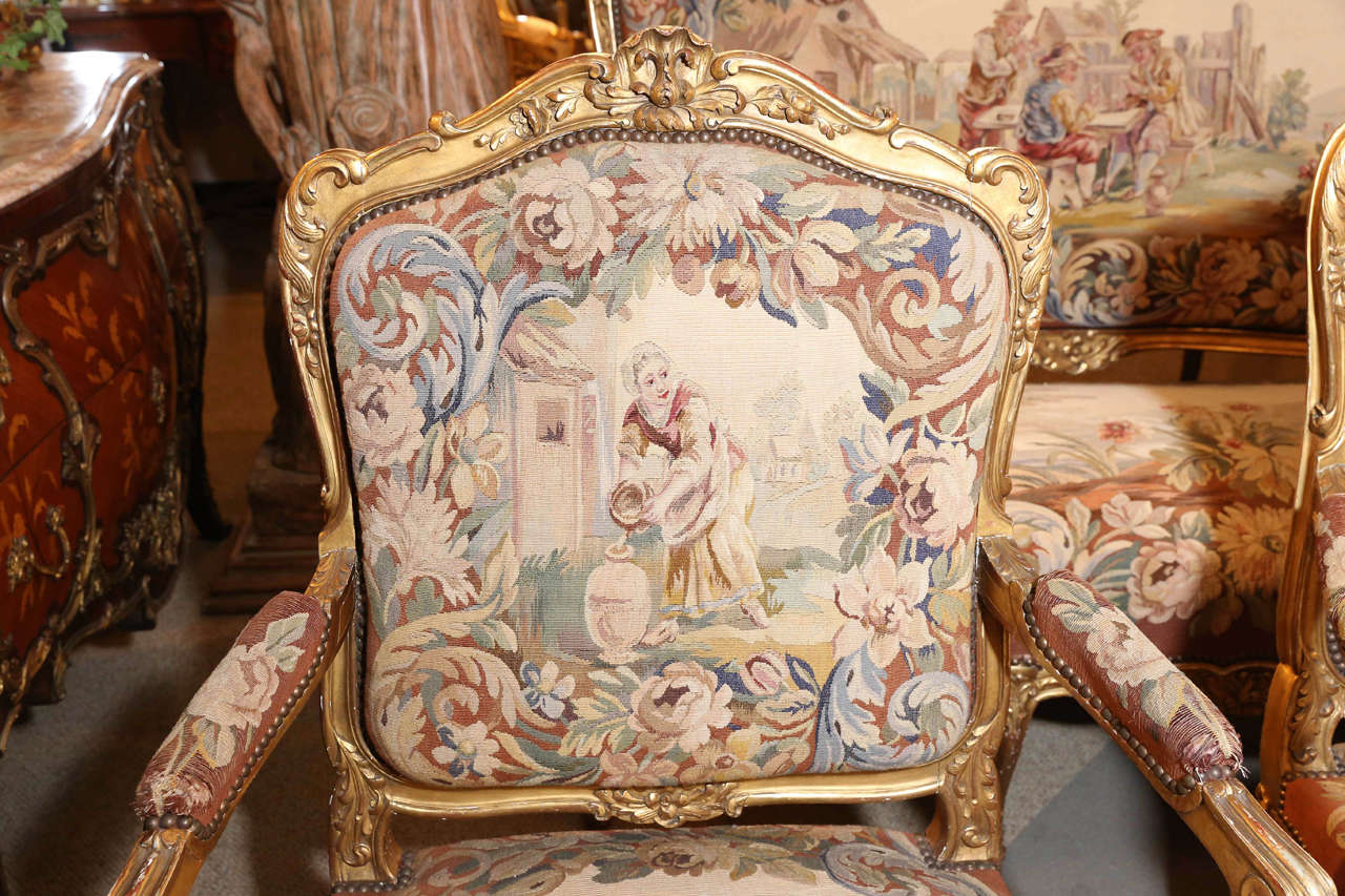 19th Century French 19th c Giltwood  five piece Grand Salon Set/ Aubusson upholstry