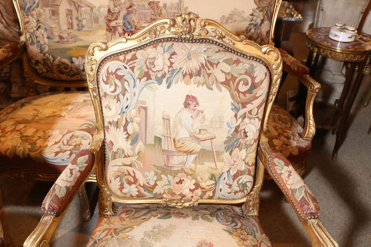 Wood French 19th c Giltwood  five piece Grand Salon Set/ Aubusson upholstry