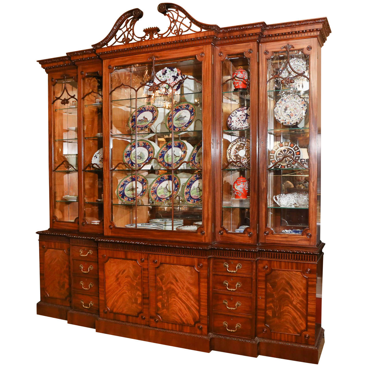 English Chinese Chippendale Style Break Front Display Cabinet