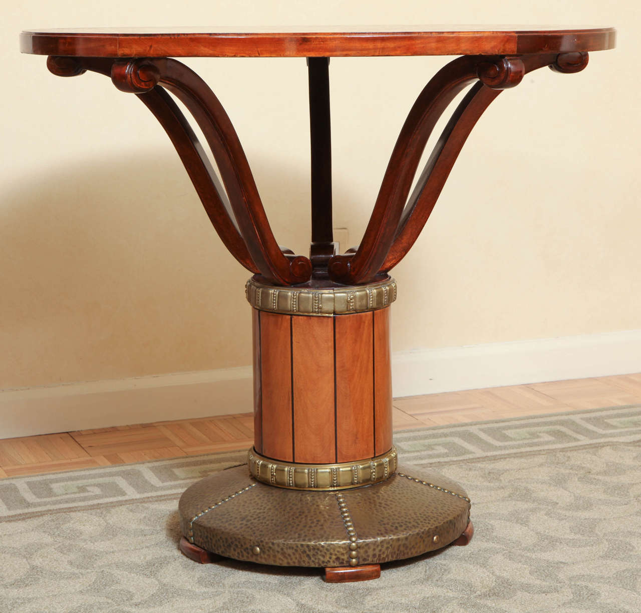 Birdseye Maple Viennese Secession Mahogany and Hammered Brass Center Table