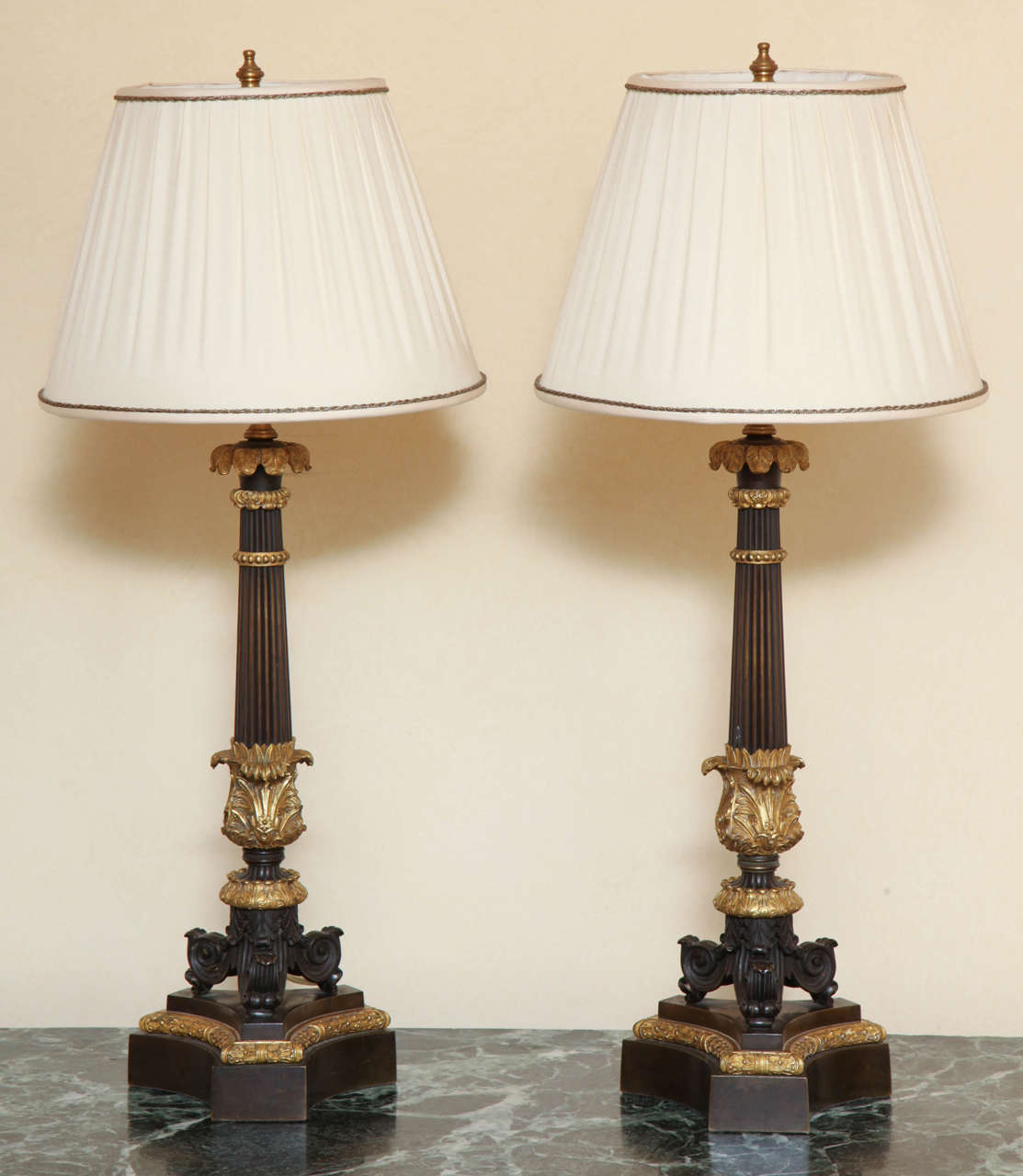 Empire Pair of Charles X Ormolu and Bronze Candelabra Lamps For Sale