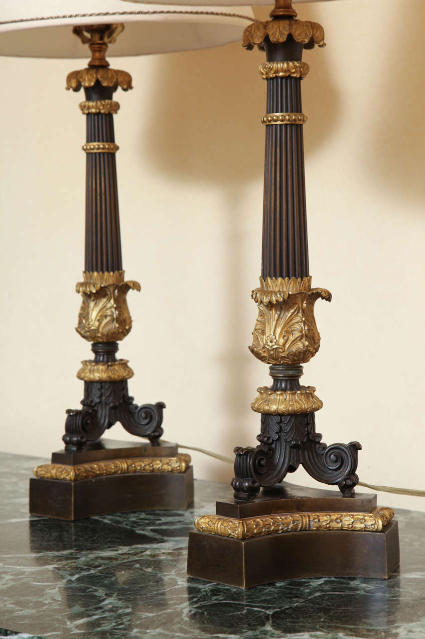 Mid-19th Century Pair of Charles X Ormolu and Bronze Candelabra Lamps For Sale